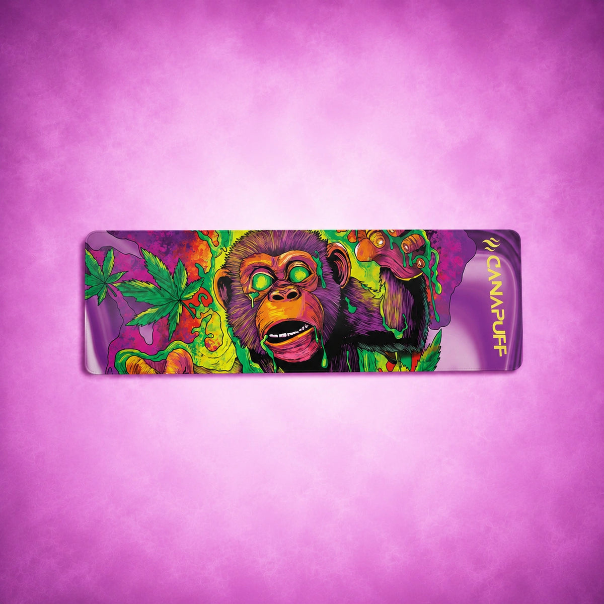 Canapuff Mouse Pad Monkey Glue con grafica di scimmia colorata e foglia di canapa