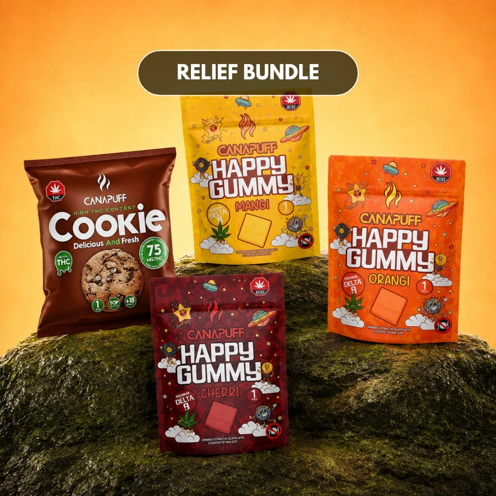 Set Canapuff Relief con cookie e tre bustine di gummy in gusti diversi