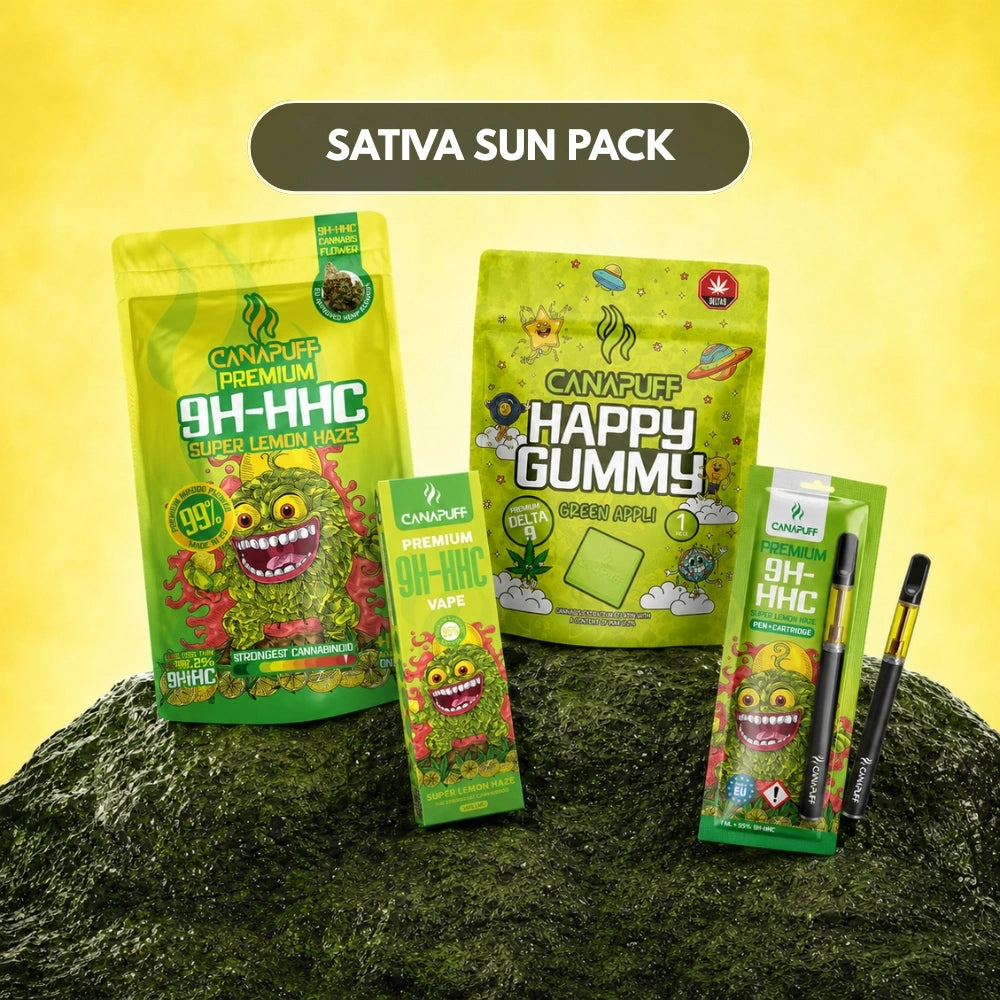 Set Canapuff Sativa Sun Pack con fiori, gummies, liquid da vape e pen con cartuccia