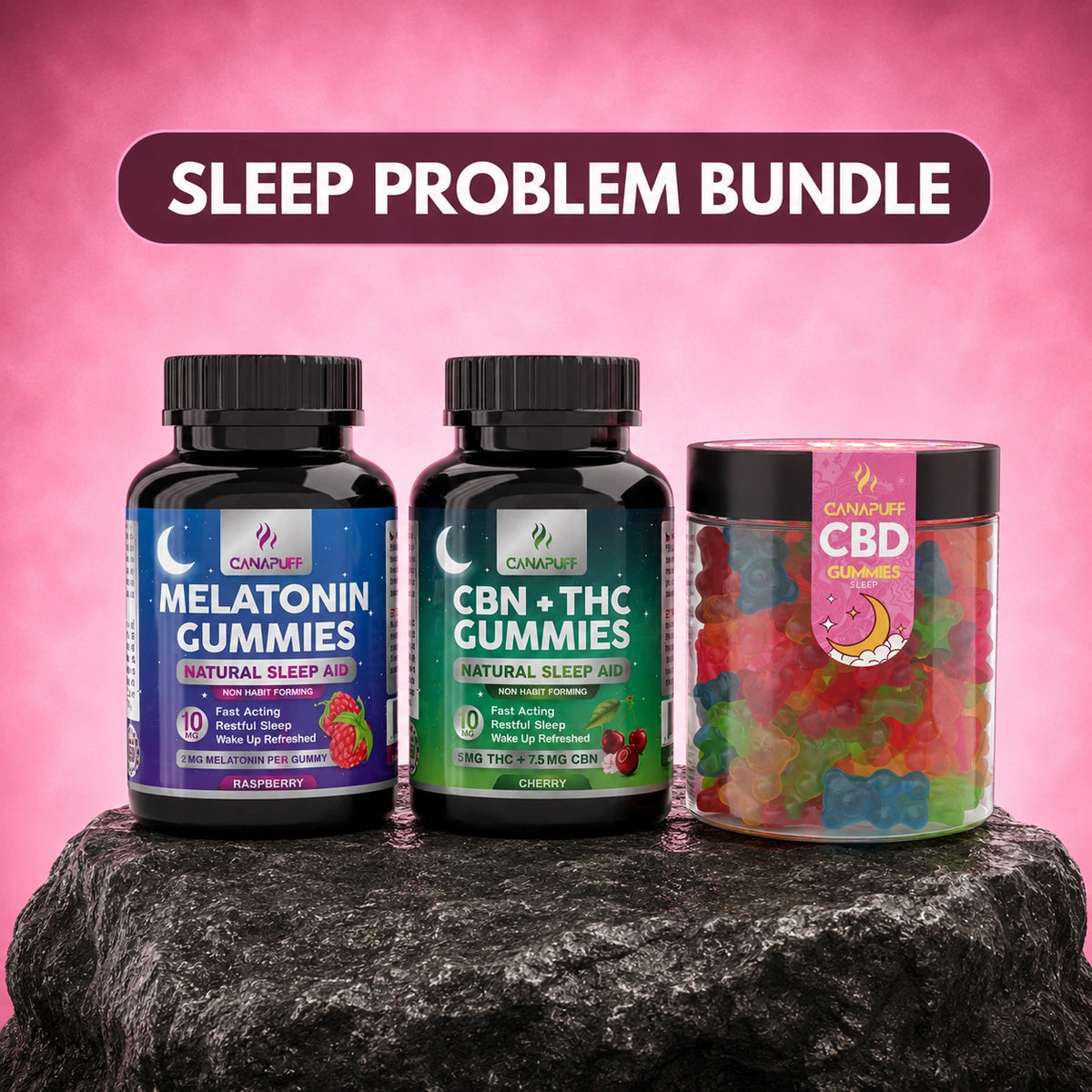 Set Canapuff Sleep Problem con gummies alla melatonina, gummies CBN più THC e gummies CBD