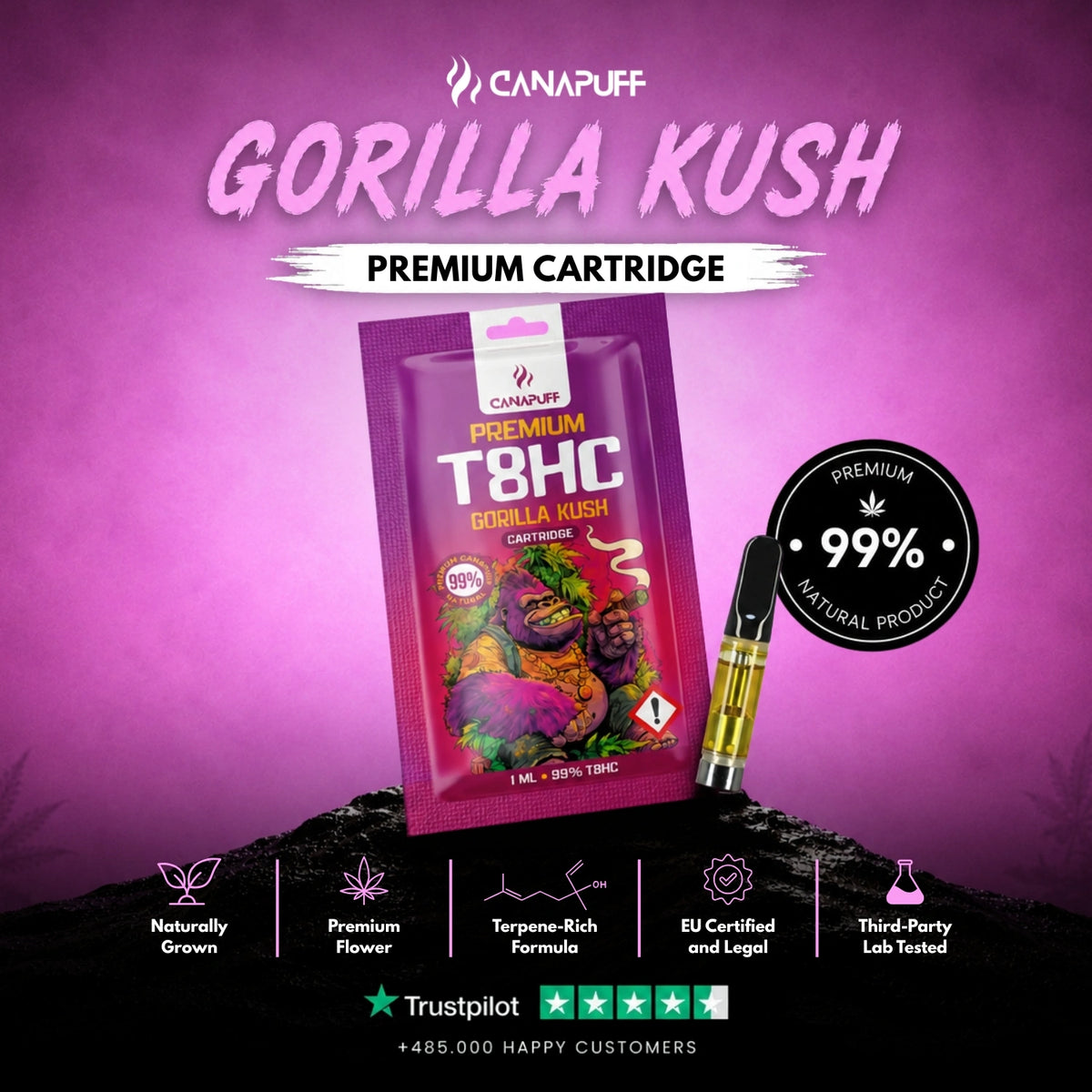 T8HC Cartridge Gorilla Kush 99% – cartuccia per vape, foto 2