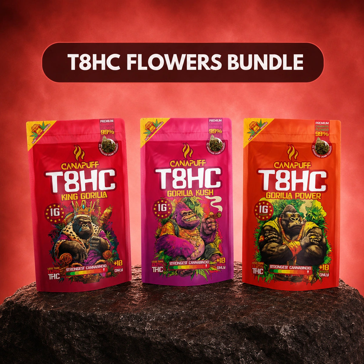 Canapuff T8HC Flowers Bundle con le varietà King Gorilla, Gorilla Kush e Gorilla Power, 3 bustine