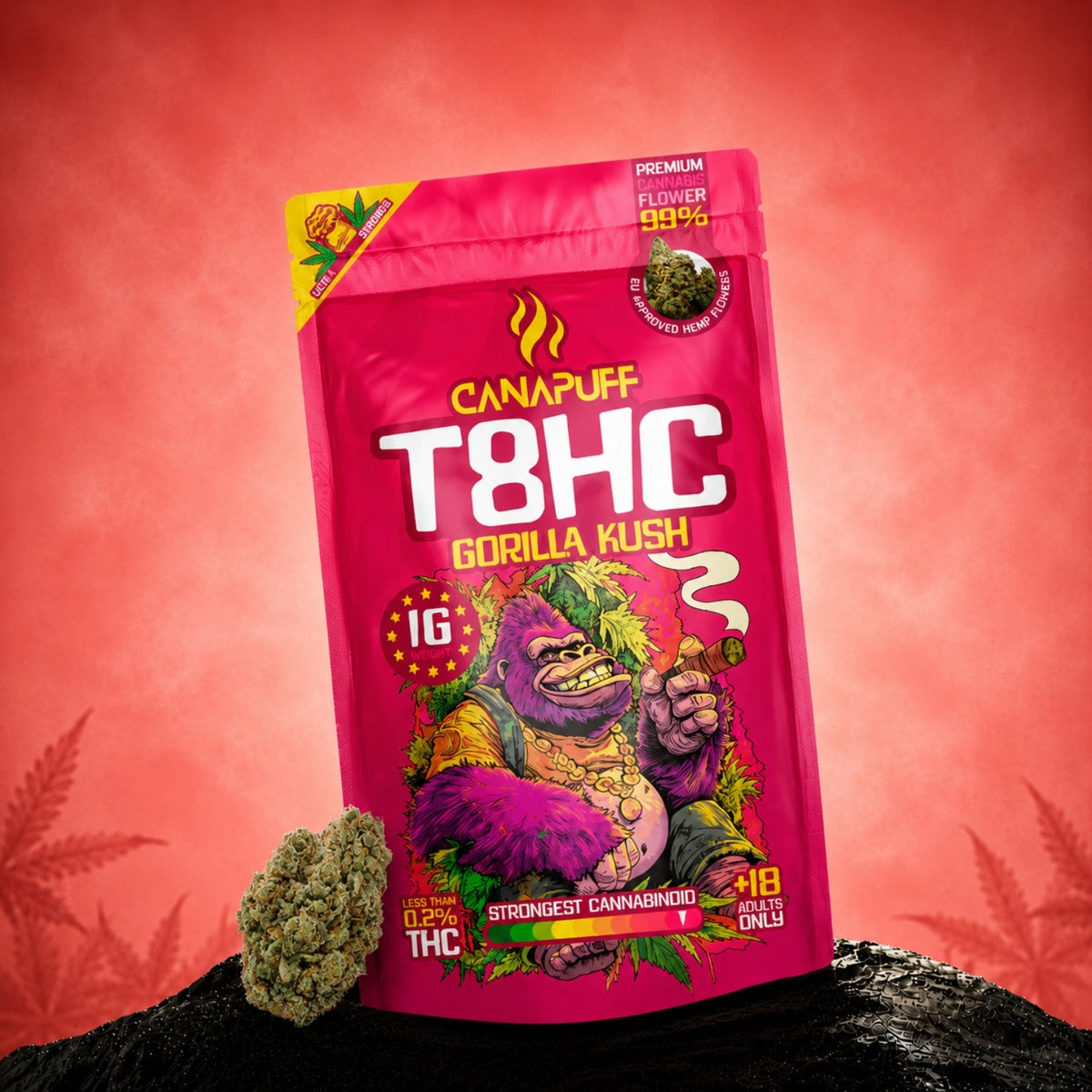 Fiori Canapuff T8HC Gorilla Kush 99%, bustina da 18g