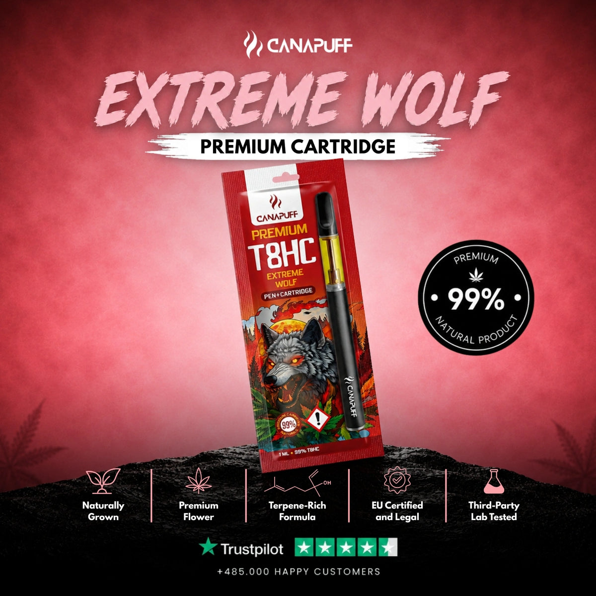 T8HC Pen+Cartridge Extreme Wolf 99% – vape pen con cartuccia, foto 2