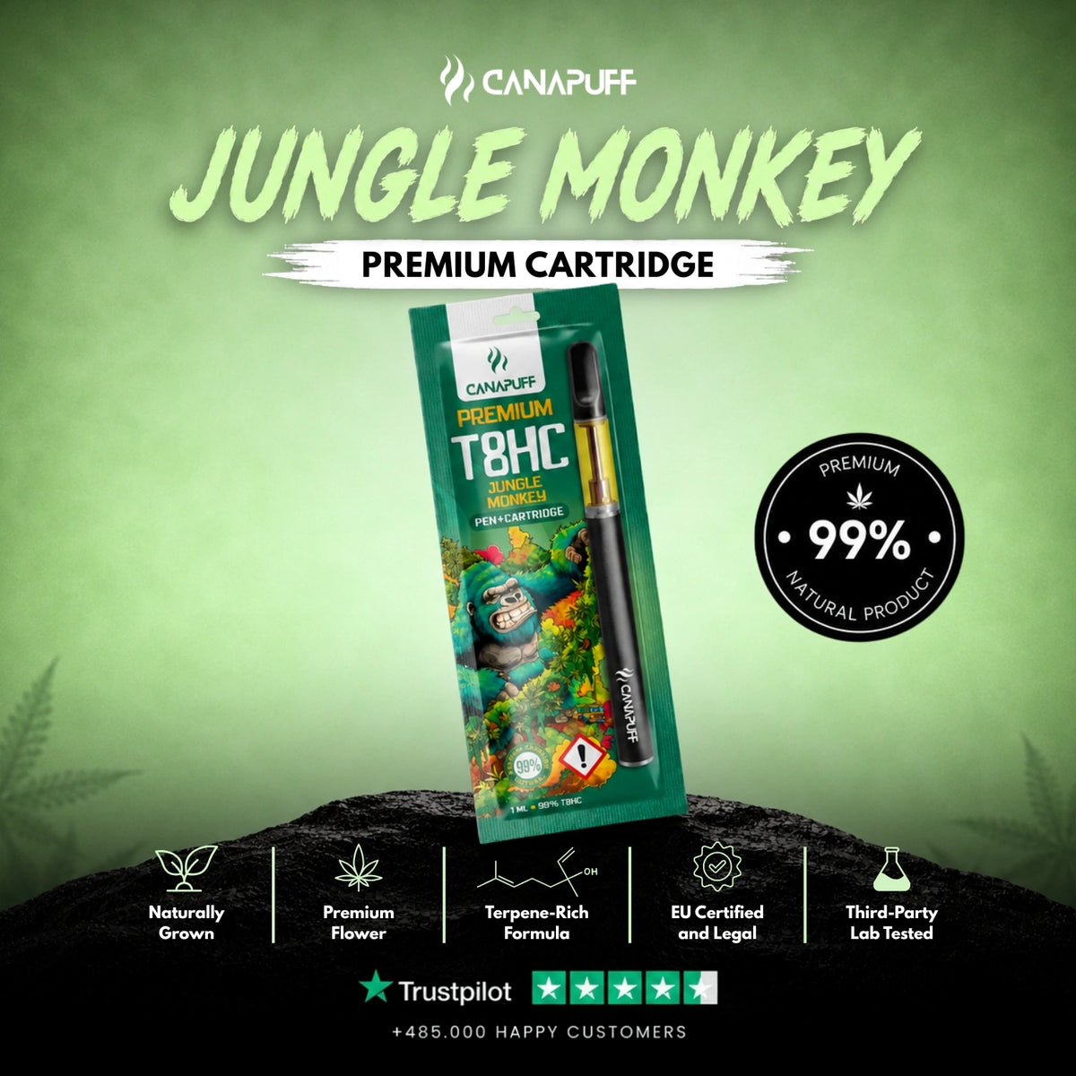 T8HC Pen+Cartridge Jungle Monkey 99% – vape pen con cartuccia, foto 2