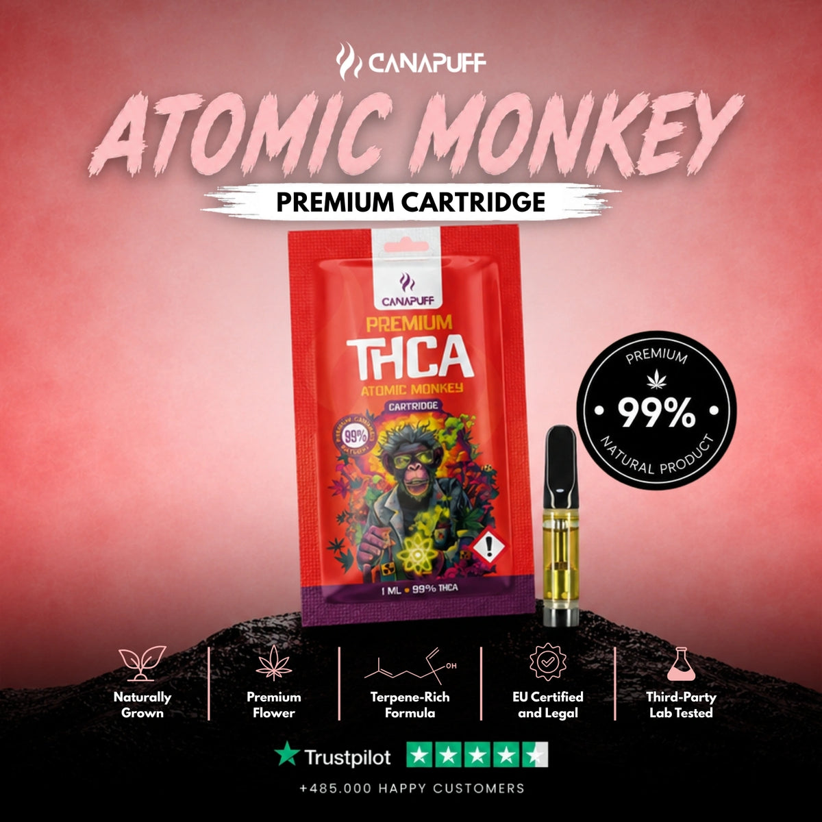 THCA Cartridge Atomic Monkey 99% – cartuccia per vape, foto 2