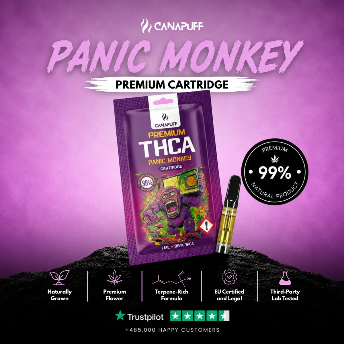 THCA Cartridge Panic Monkey 99% – cartuccia per vape, foto 2