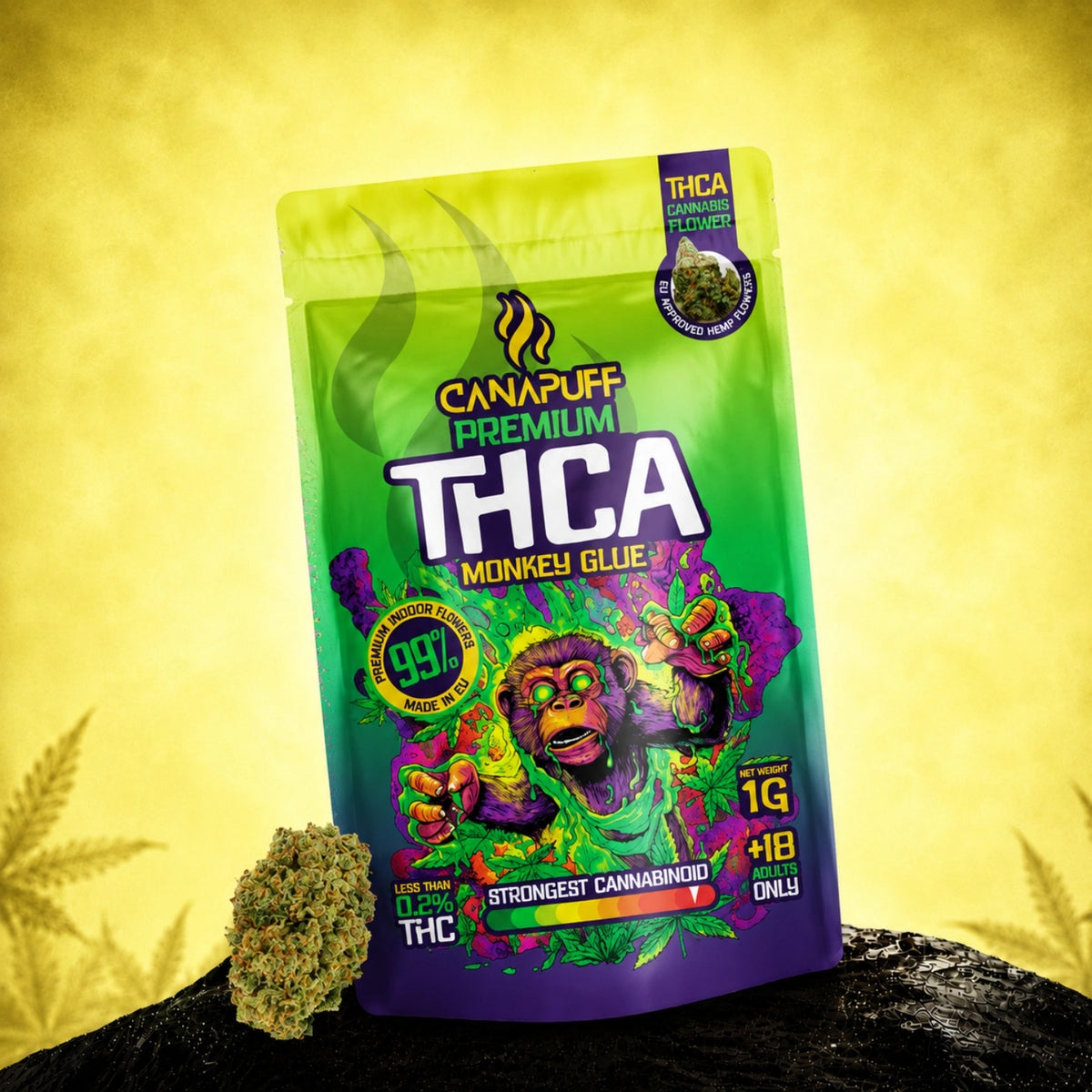 Bustina da 1g di fiori di cannabis Canapuff THCA Monkey Glue 99%