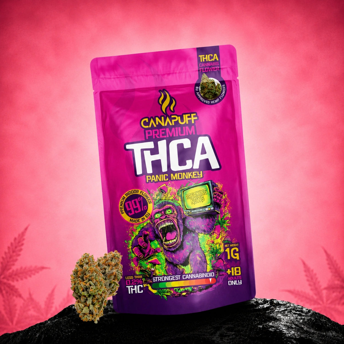 Fiori Canapuff THCA Panic Monkey, bustina da 1g, cannabinoide da canapa al 99%