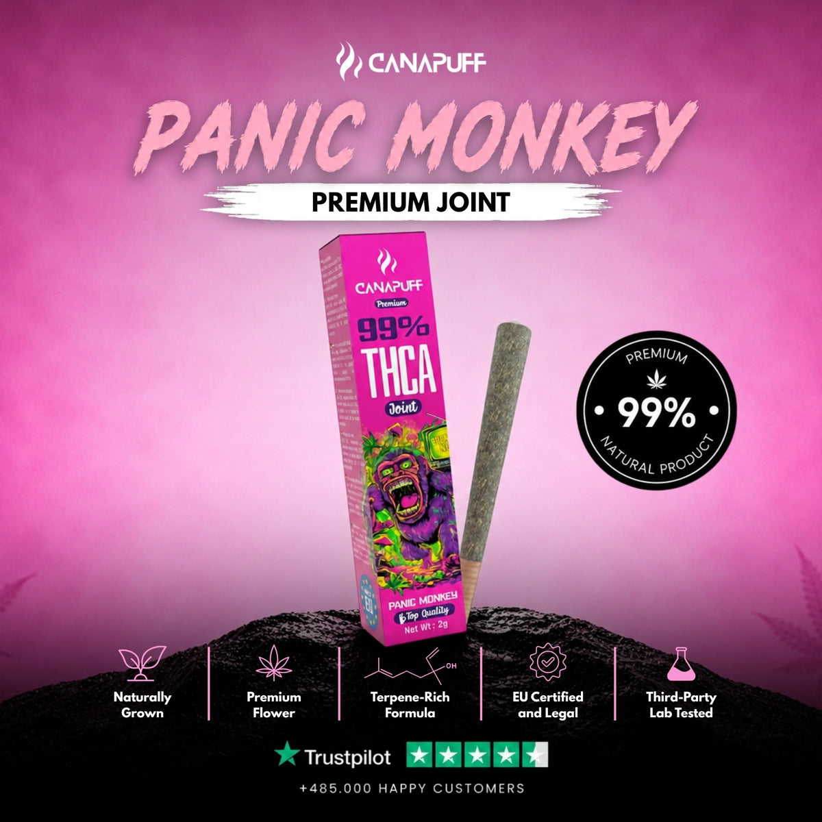THCA Joint Panic Monkey 99% 2g – joint pre-rollato, foto 2