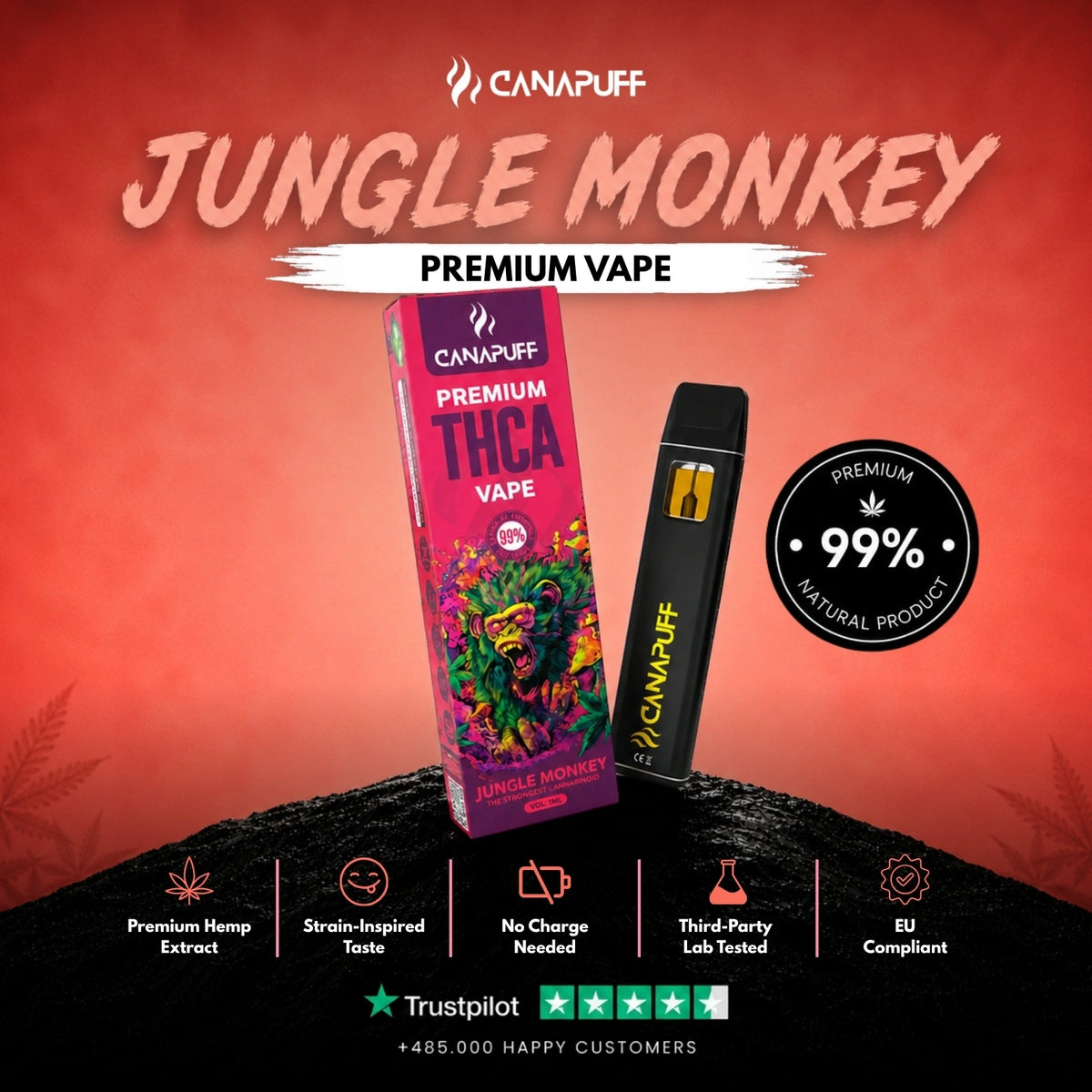 THCA Vape Jungle Monkey 99% 1ml – vape pen usa e getta, foto 2