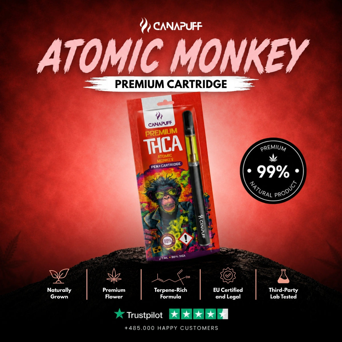 THCA Pen+Cartridge Atomic Monkey 99% – vape pen con cartuccia, foto 2