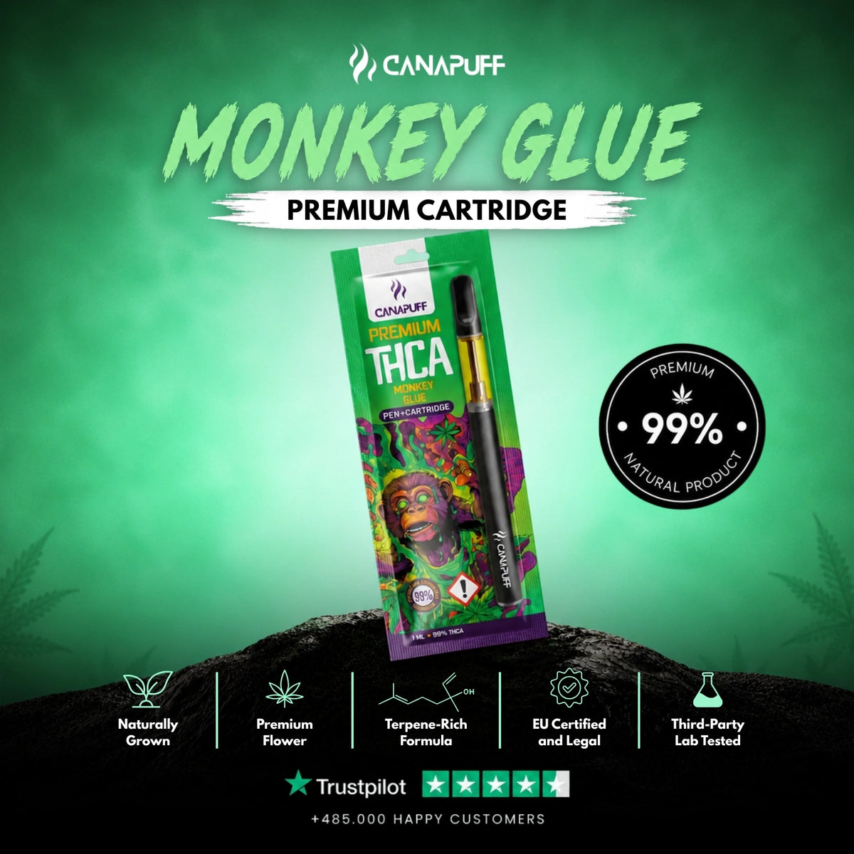 THCA Pen+Cartridge Monkey Glue 99% – vape pen con cartuccia, foto 2