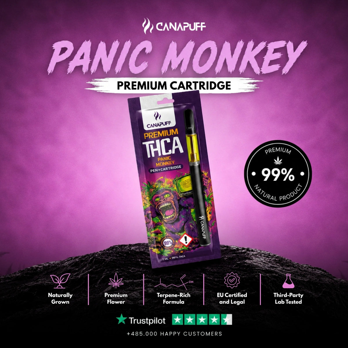 THCA Pen+Cartridge Panic Monkey 99% – vape pen con cartuccia, foto 2