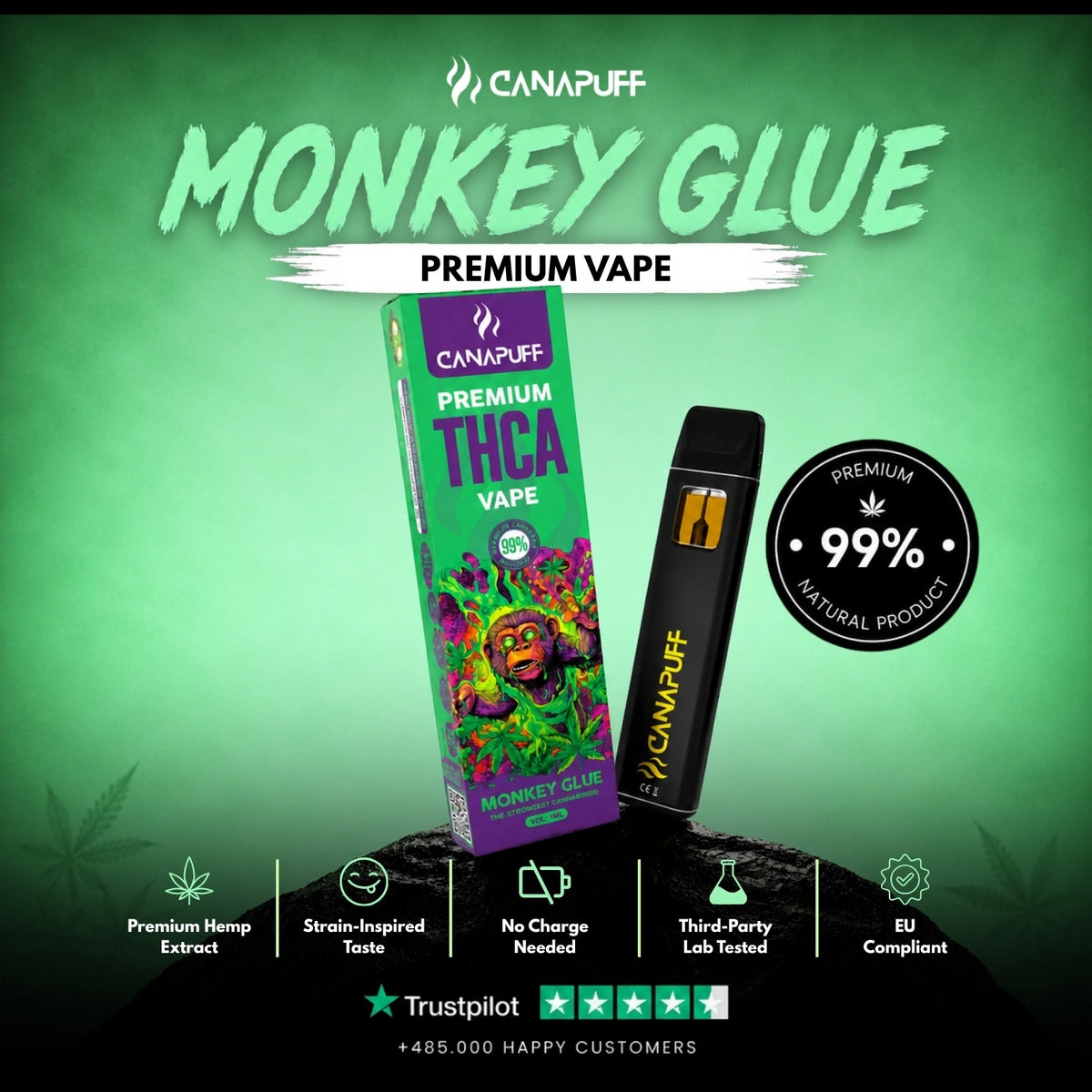 THCA Vape Monkey Glue 99% 1ml – vape pen usa e getta, foto 2