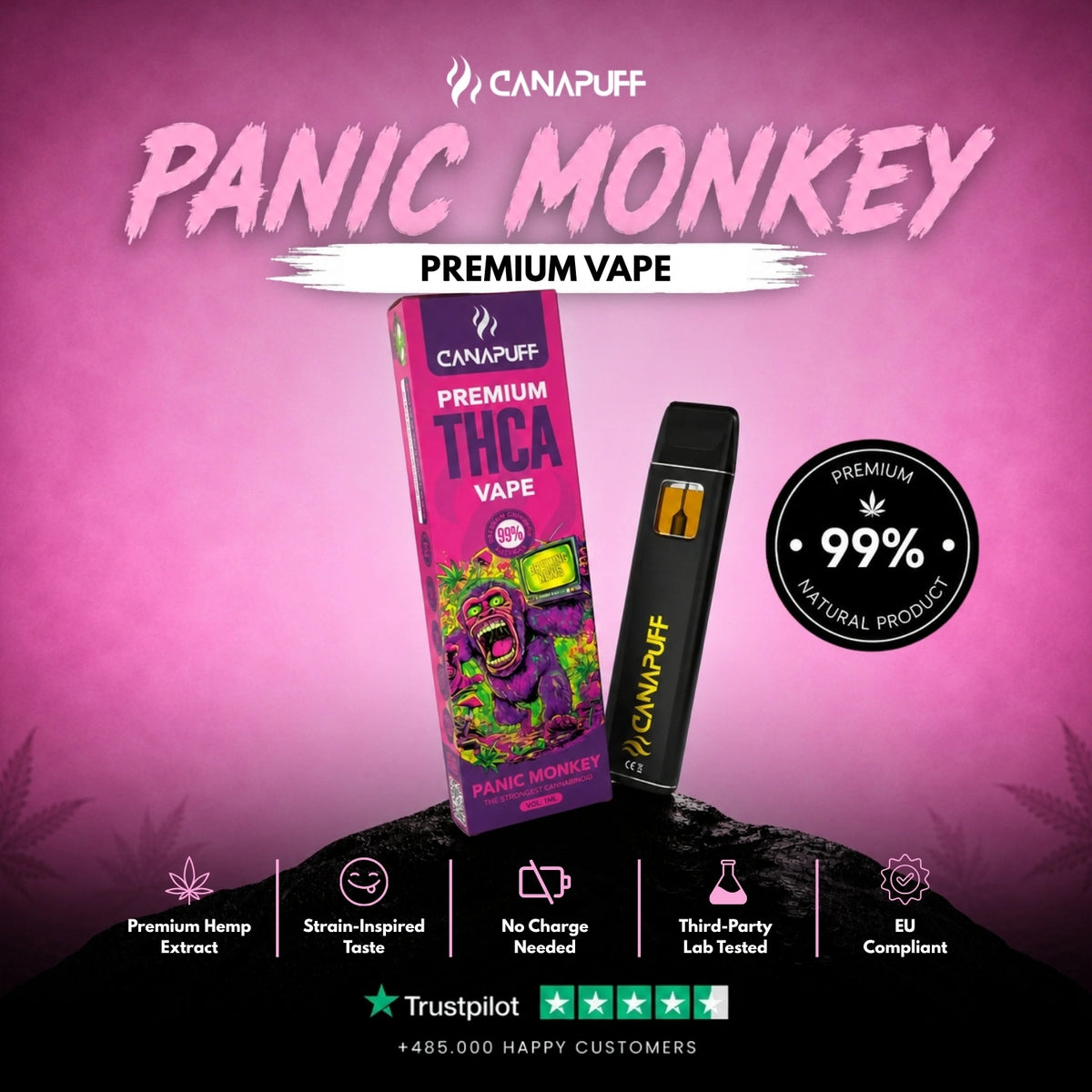 THCA Vape Panic Monkey 99% 1ml – vape pen usa e getta, foto 2