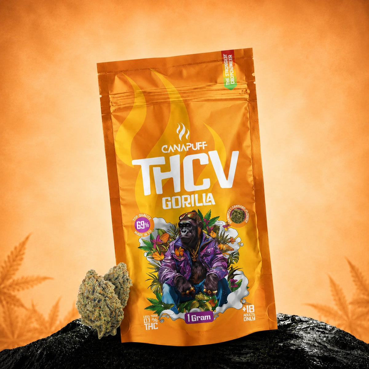 Fiori Canapuff THCv Gorilla 69%, bustina da 1 grammo con confezione arancione e grafica di gorilla