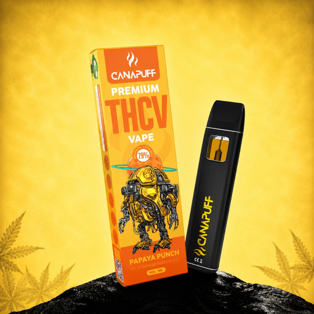 Canapuff THCv Vape Papaya Punch 79%, pen usa e getta da 1ml con scatola arancione