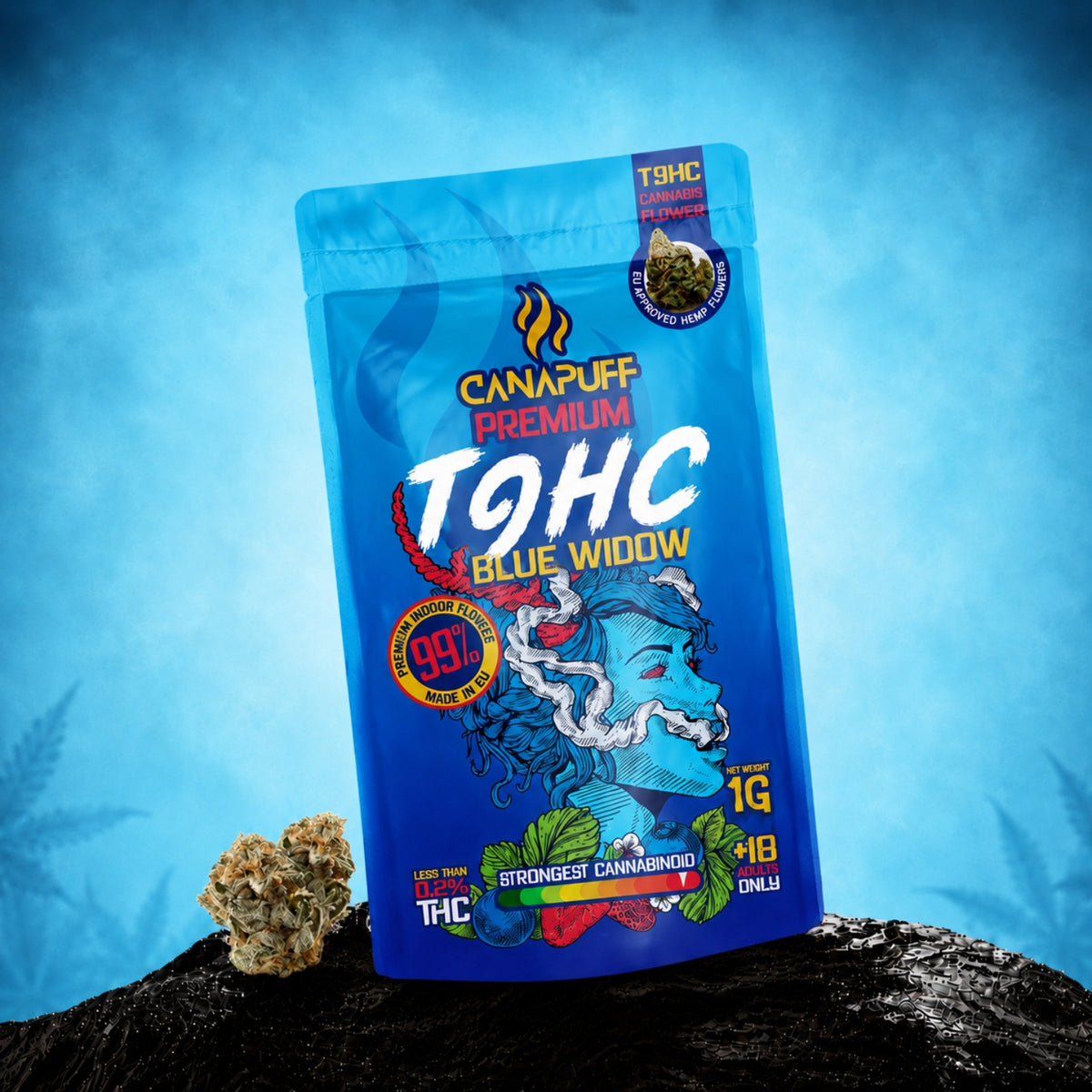 Fiori Canapuff TⳊHC Blue Widow, bustina da 1g, concentrazione 99%