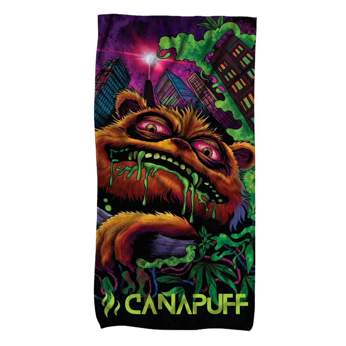 Asciugamano Canapuff High Monster con grafica di mostro e città colorata