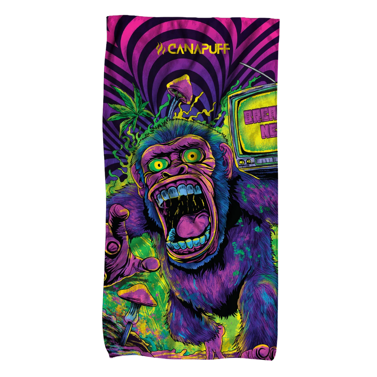 Asciugamano Canapuff Panic Monkey con grafica psichedelica colorata e logo