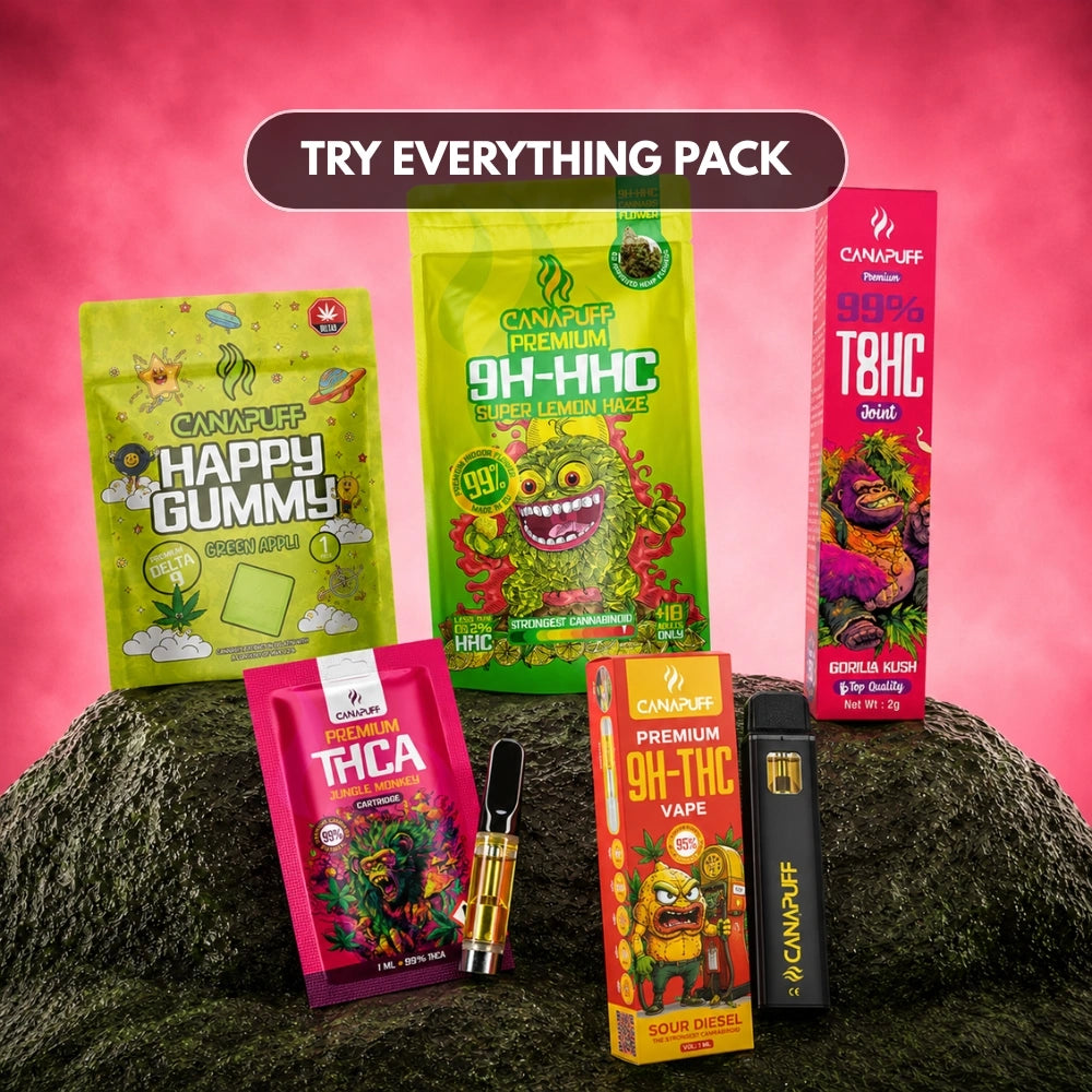 Set Canapuff Try Everything Pack con gummies, fiori, vape e cartuccia