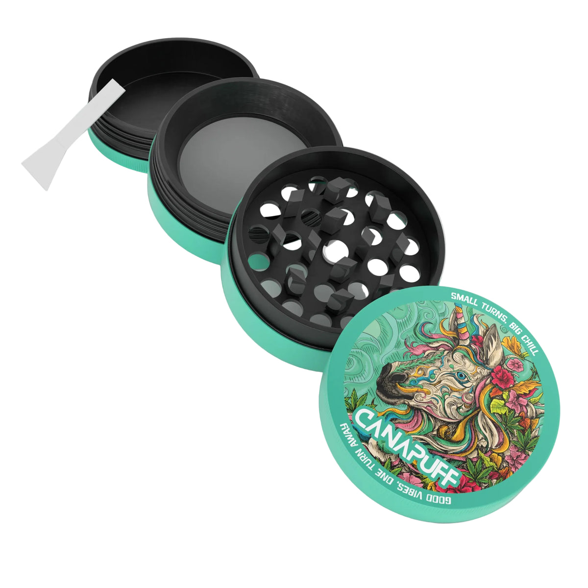 Canapuff Metal Grinder Unicorn Piss, piccolo turchese con camera di macinatura nera