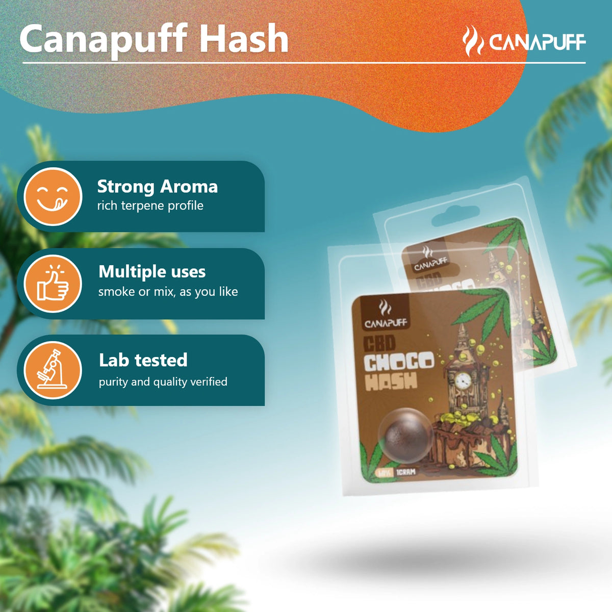 Canapuff CBD Hash Choco 60%, panetto di hashish marrone in blister