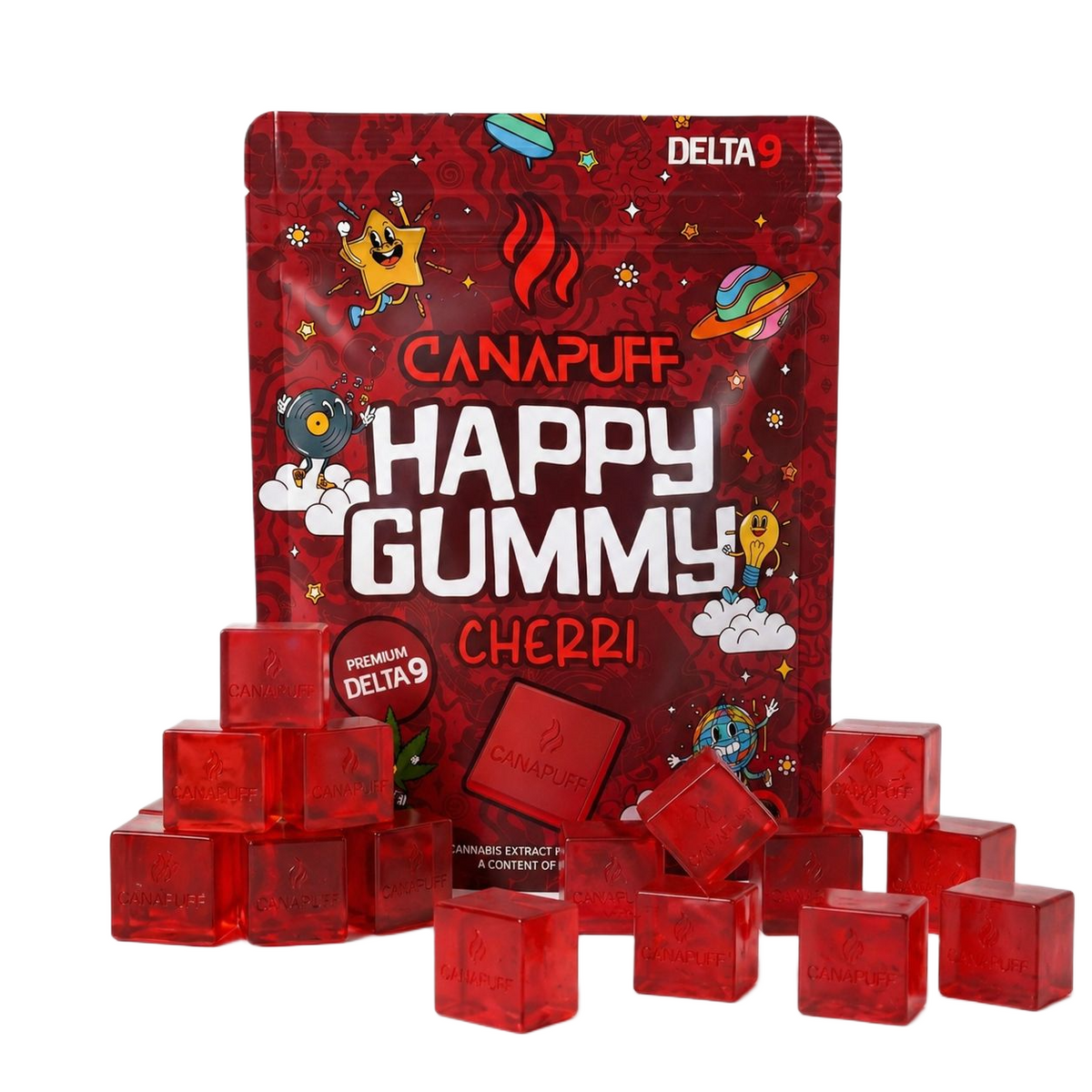 Bustina di gummies Canapuff Happy Gummy Delta-9 cherry con cubetti rossi singoli