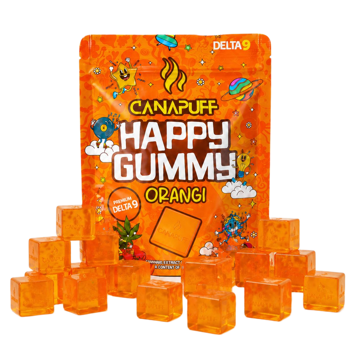 Bustina di gummies Canapuff Happy Gummy Orange Delta-9 THC con gummies singole in mostra