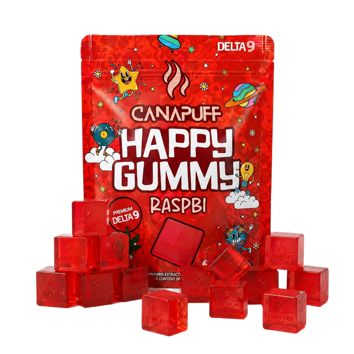 Bustina di gummies Canapuff Happy Gummy Delta 9 Raspberry con cubetti gommosi singoli