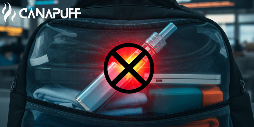 Dispositivi vape Canapuff in una borsa da viaggio con simbolo di divieto sovrapposto