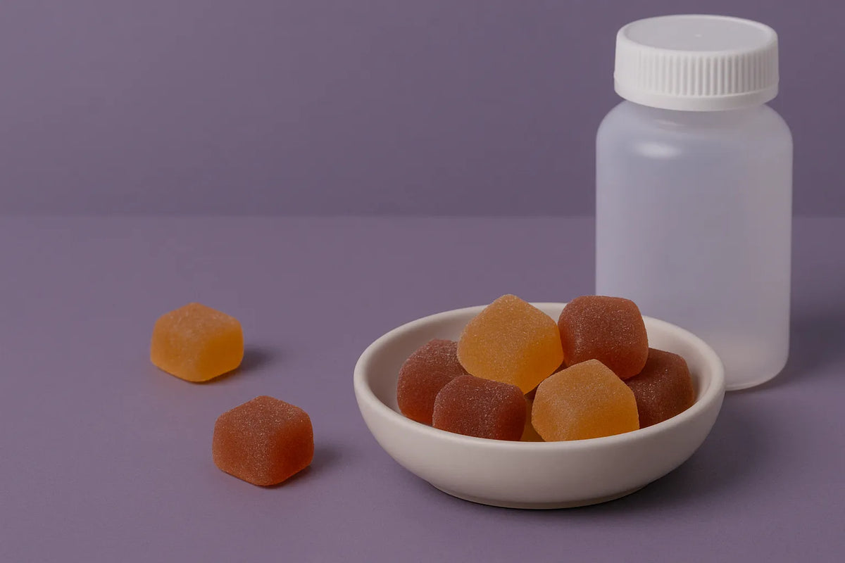 Gummies alla melatonina con CBD e CBN in una ciotola con bottiglia su sfondo viola
