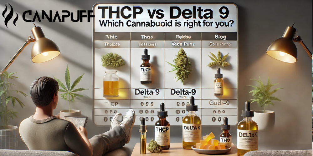 Infografica comparativa Canapuff tra prodotti ai cannabinoidi THCP e Delta 9 con tinture, oli e fiore di cannabis