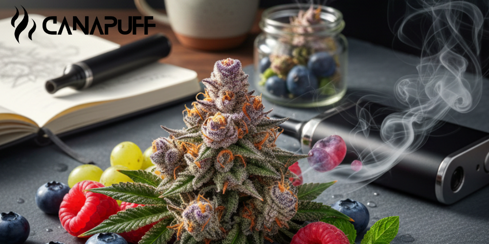 Cima di cannabis circondata da frutti di bosco, dispositivo vape e barattolo in un set lifestyle