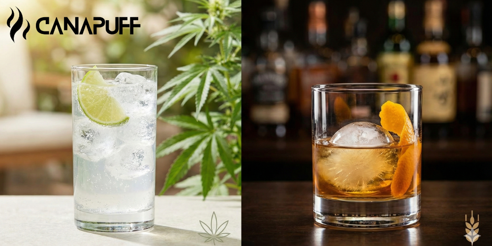 Logo Canapuff con due cocktail: un drink trasparente guarnito con lime e un distillato ambrato con ghiaccio, pianta di cannabis visibile sullo sfondo