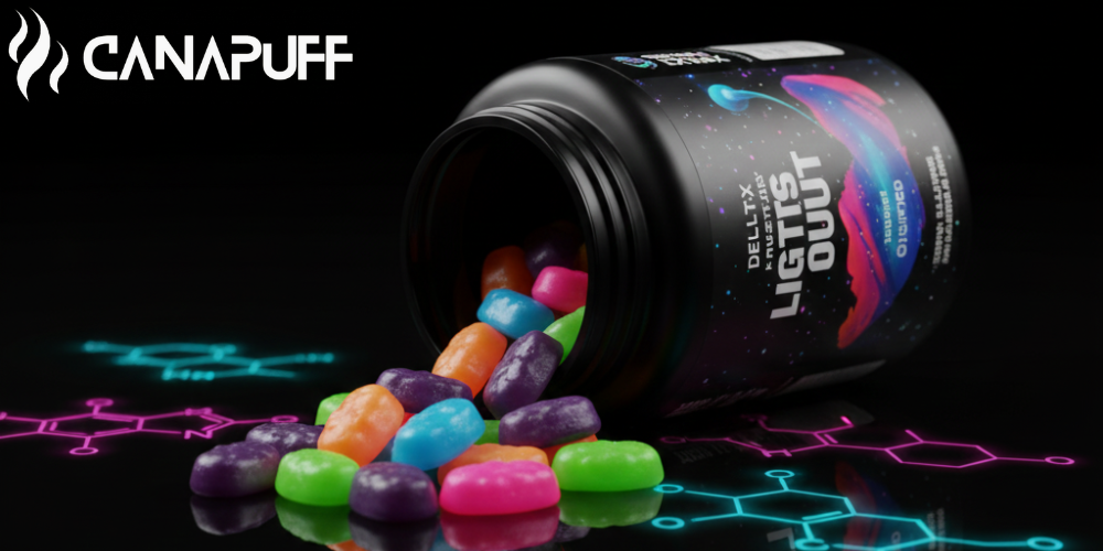 Gummies Canapuff Delta Extrax in una varietà colorata che fuoriescono da un barattolo nero con grafiche molecolari al neon