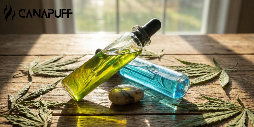 Tinture all'olio Canapuff e foglie di cannabis su un tavolo di legno vicino alla finestra