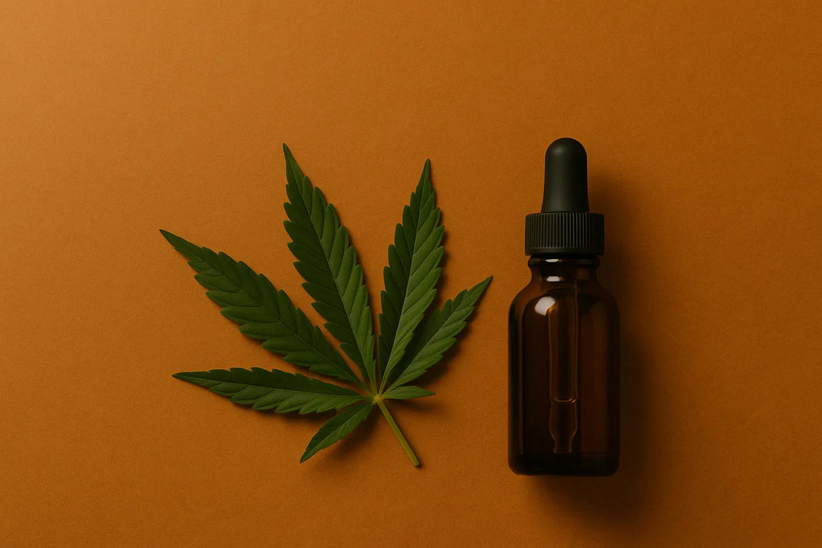 Foglia di Cannabis e flacone contagocce ambrato su sfondo arancione caldo