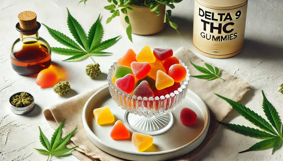 Una ciotola di vetro piena di Gummies al Delta 9 THC dai colori vivaci come mango, arancione e ciliegia, posizionata su uno sfondo bianco pulito con delicate decorazioni di foglie di Cannabis per un aspetto fresco e invitante.