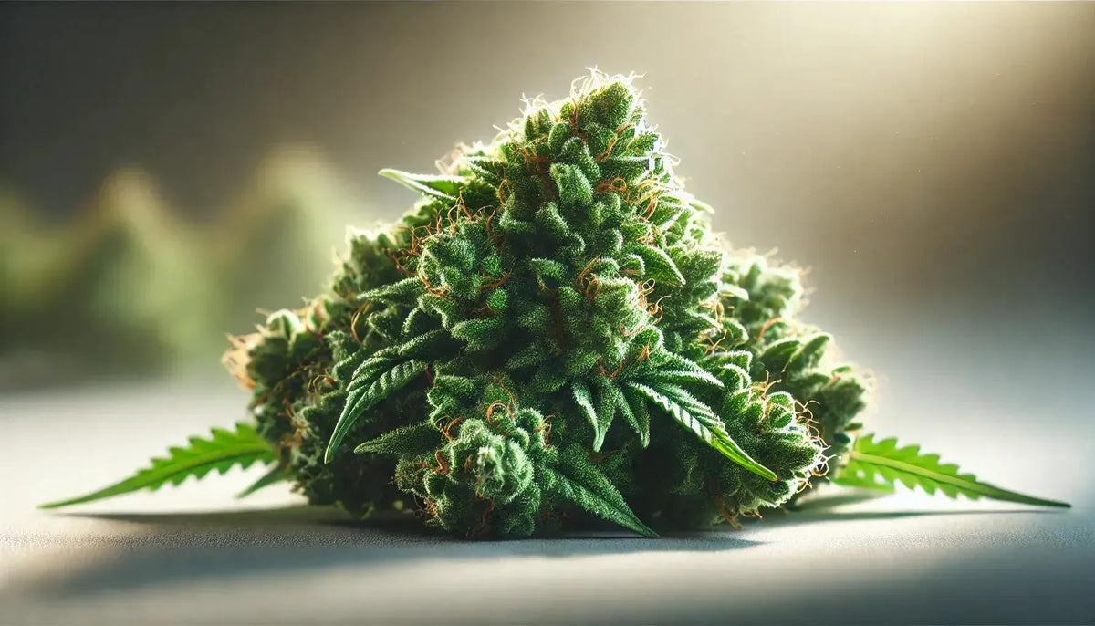 Immagine fotorealistica di Fiori freschi di Cannabis con luce naturale e sfocatura morbida dello sfondo.