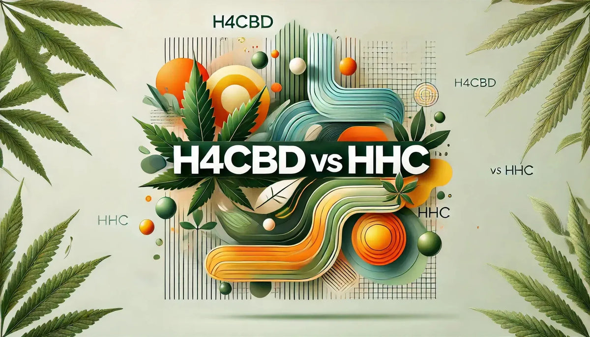 Immagine di copertina del blog intitolata ‘H4CBD vs HHC’, con elementi visivi astratti: toni verdi per H4CBD e toni arancione-giallo vivaci per HHC, che mettono in risalto il loro contrasto.