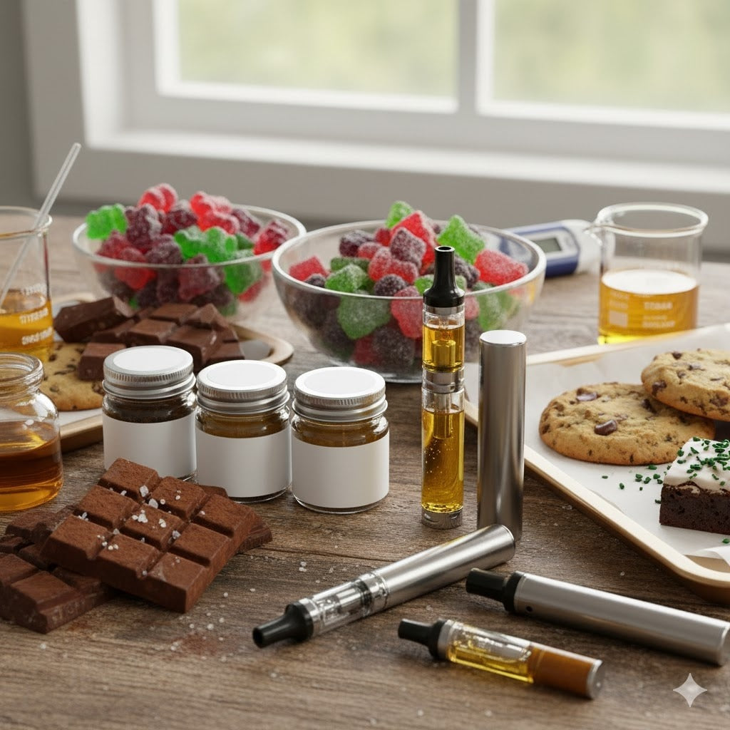 Flat lay lifestyle con vape pens, oli in barattoli, cioccolato, gummies e cookies su superficie di legno