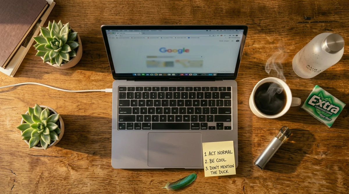 Postazione di lavoro con laptop, tazza di caffè, piante grasse e prodotto alla cannabis su una scrivania di legno