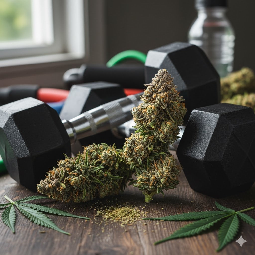 Cime di cannabis con manubri, vape pen e foglie su superficie di legno