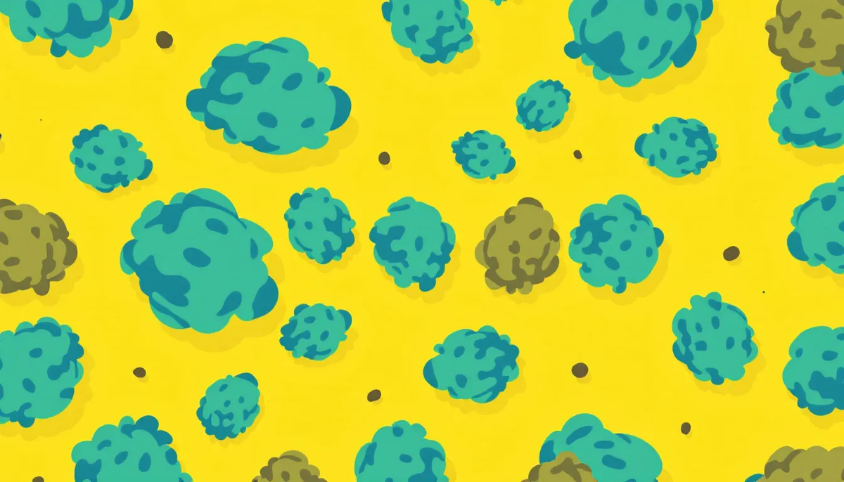 Illustrazione di cime di cannabis stilizzate nelle tonalità del verde acqua e dell'oliva su sfondo giallo brillante