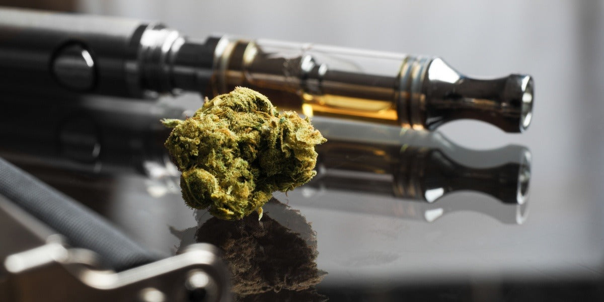 Cime di cannabis accanto a cartucce vape e accessori