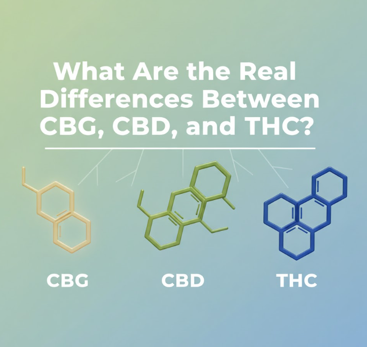Illustrazione delle strutture molecolari di CBG, CBD e THC su sfondo sfumato