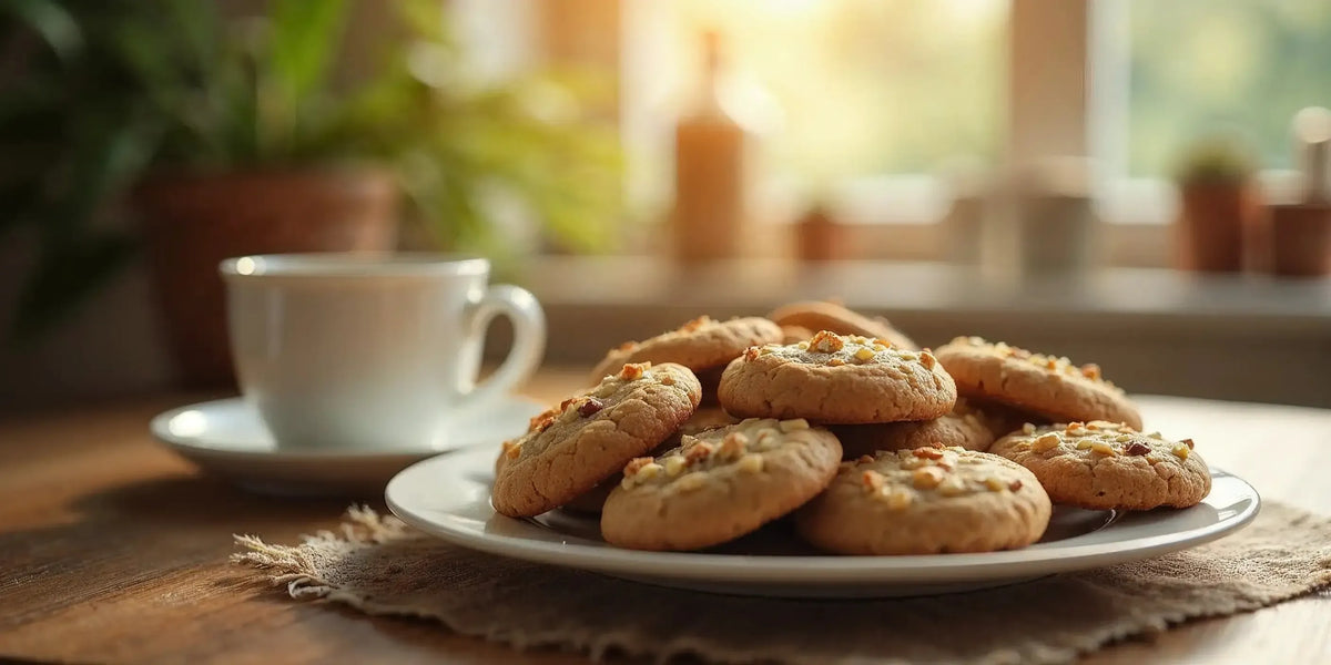 CBD Cookies serviti su un piatto con una tazza di caffè