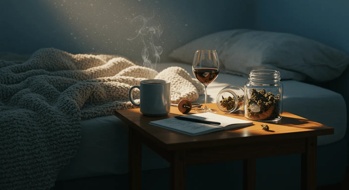 Camera da letto illuminata dal sole all'alba, con una coperta a maglia stropicciata sul letto e un tavolo di legno con una tazza di caffè fumante, un bicchiere di vino mezzo pieno, un taccuino aperto e un barattolo di vetro con cime di cannabis.